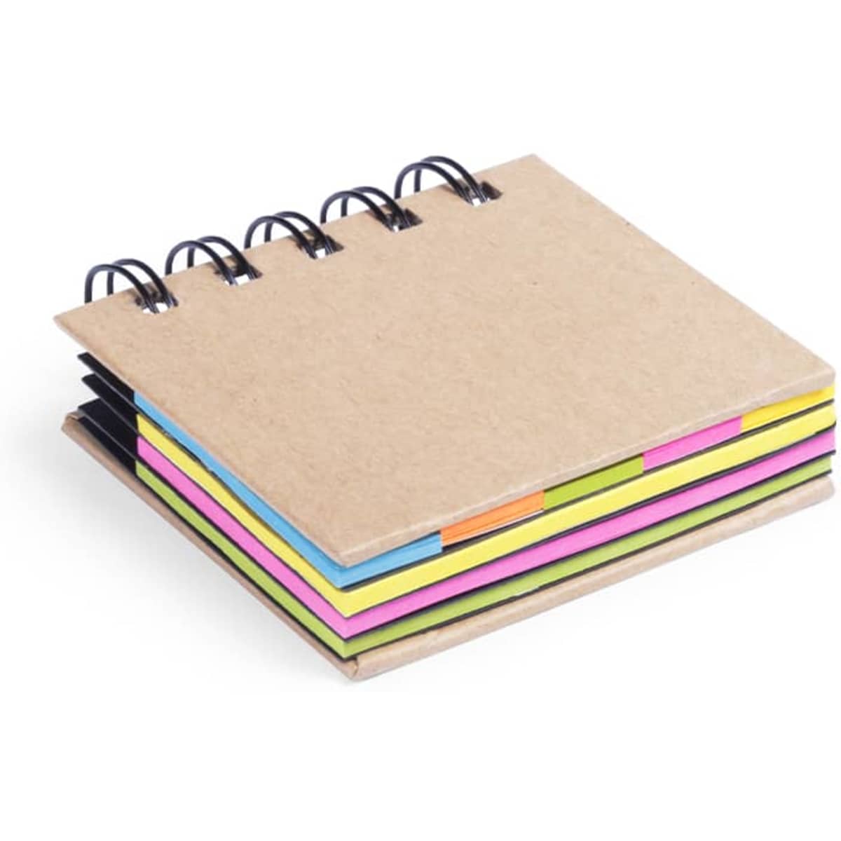 A notebook with a kraft cover featuring brightly coloured pages in pink, yellow, and green, bound with black rings.