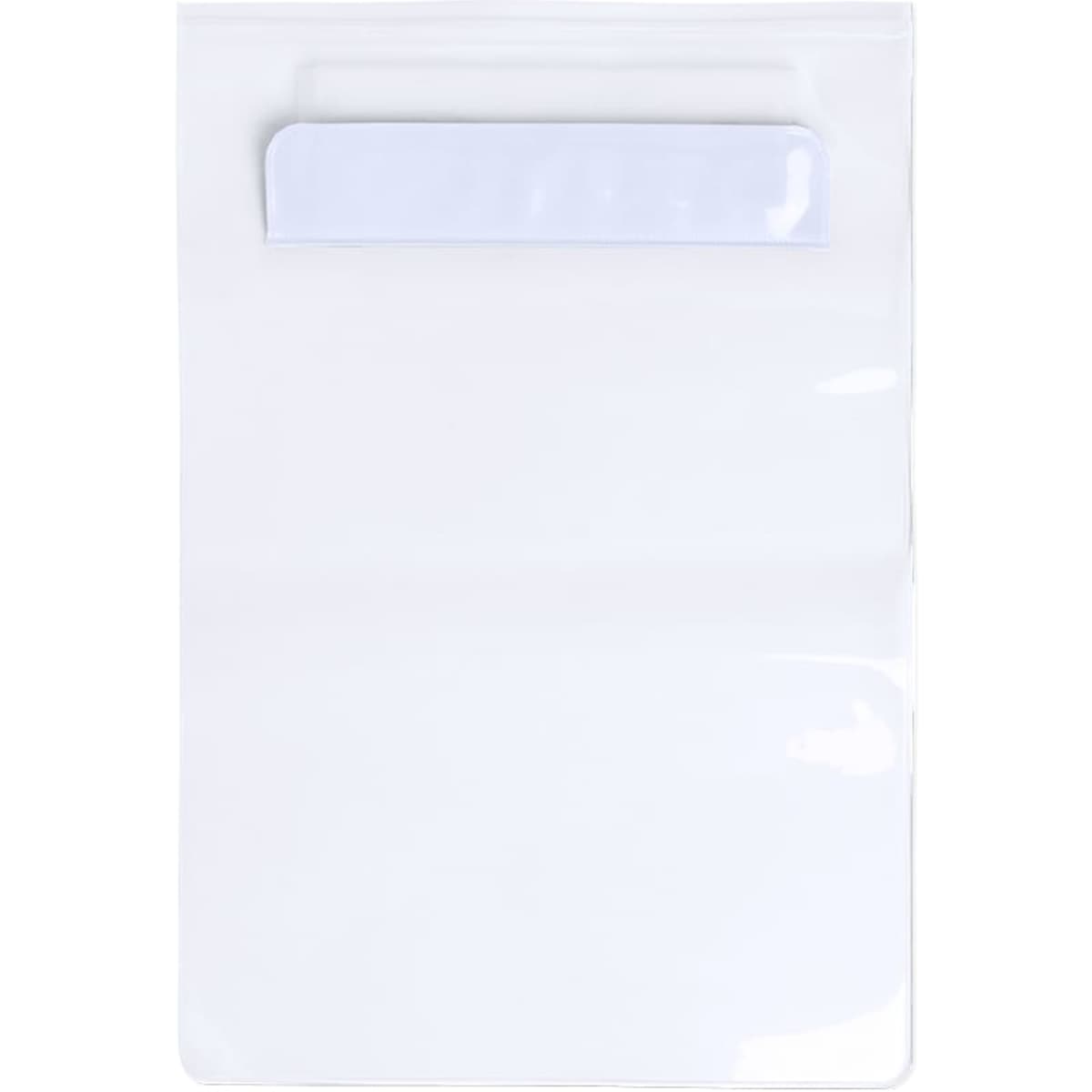 A transparent dry bag in white with a closure at the top and a logo at the front.