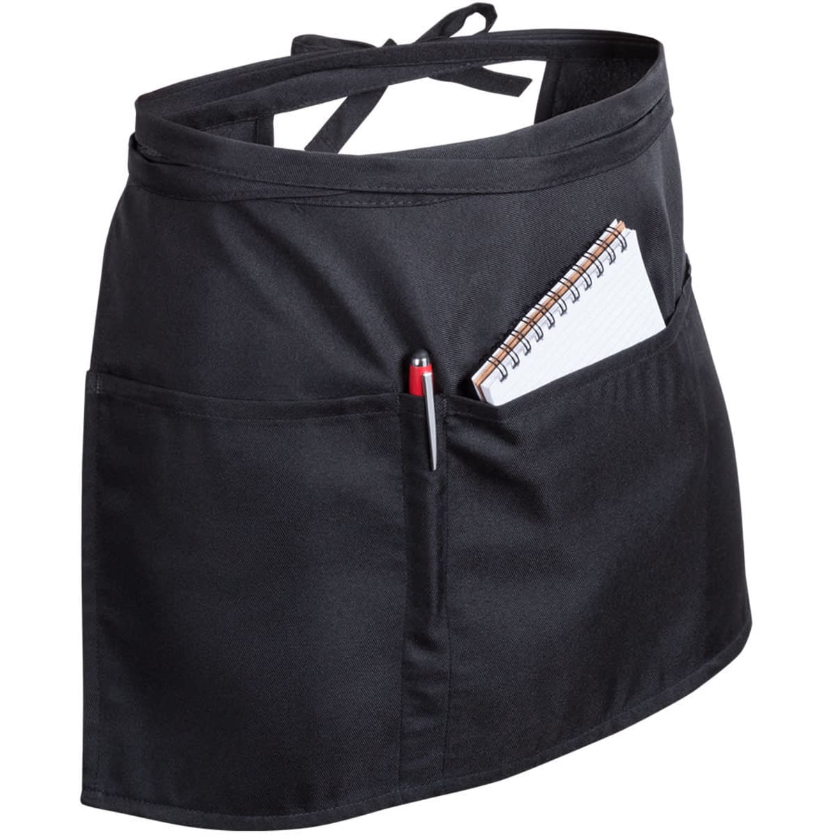 A black Milty apron featuring pockets for a notepad and pen, equipped with a waist tie for secure fastening.