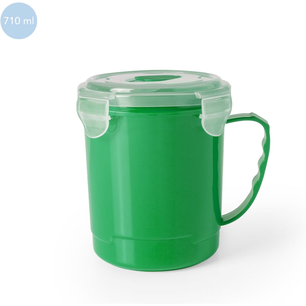 A green 710 ml jar with a transparent lid and a handle, featuring a branding logo.
