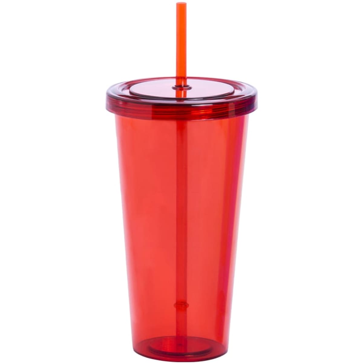 A drink tumbler in bright red with a matching lid and orange straw, featuring a logo.