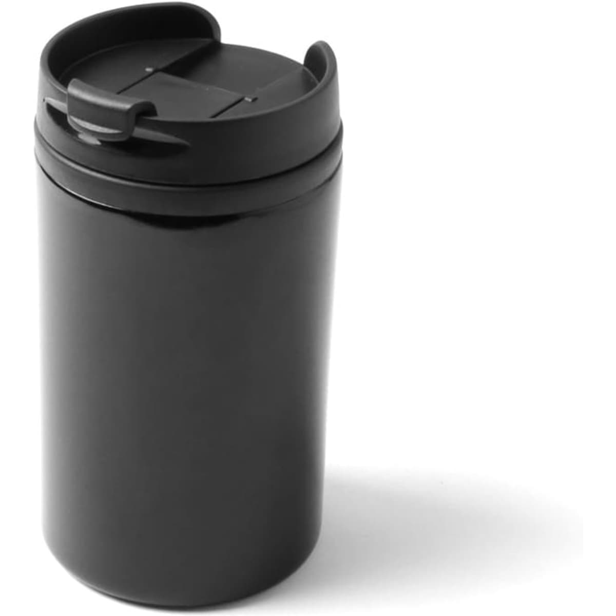 A drink bottle in sleek black with a spill-proof lid and a smooth finish. Includes a logo on the exterior.