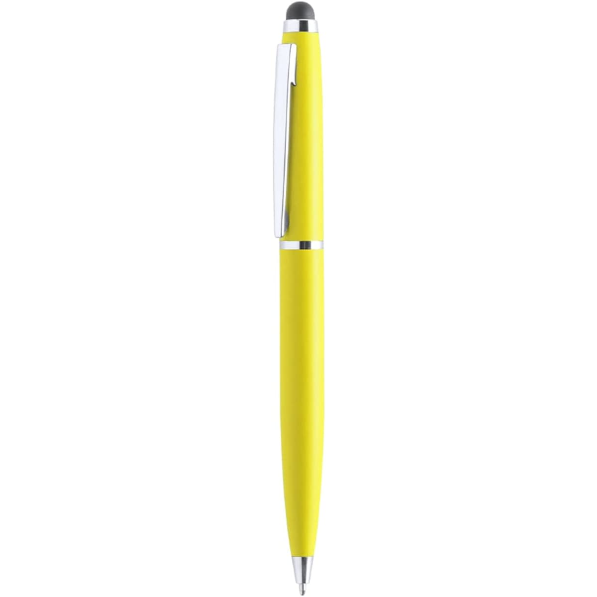 A yellow ballpoint pen with a silver clip and a stylus tip at the opposite end.