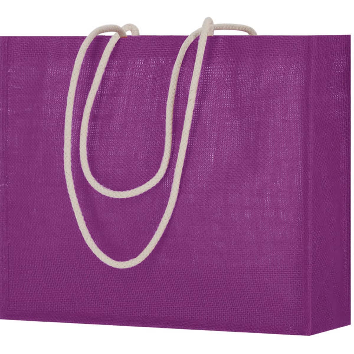 A purple tote bag with a textured surface and cream-coloured handles. It features a branded logo.