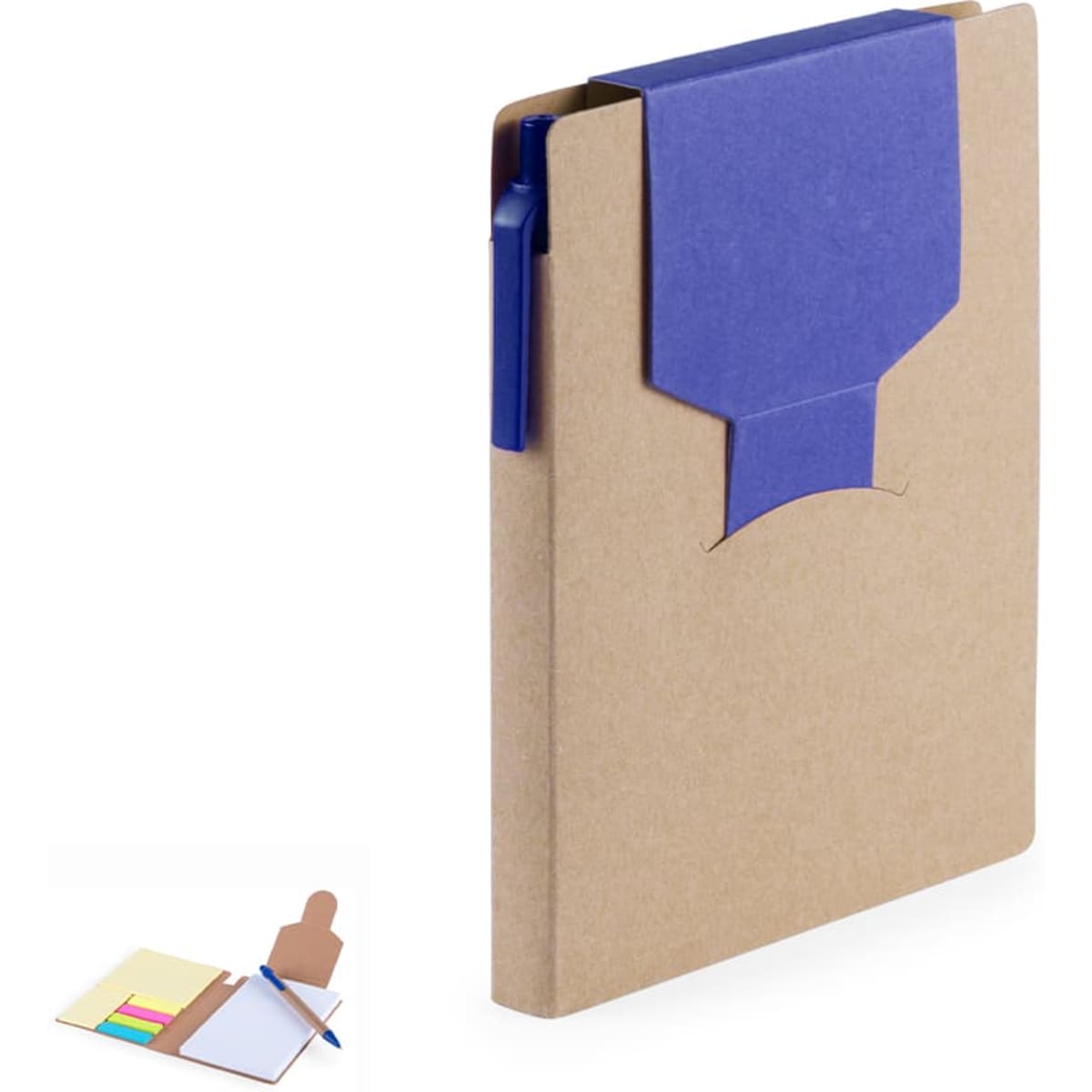 A brown notebook with a blue closure, includes a pen and various coloured notes inside. Features branding on the cover.