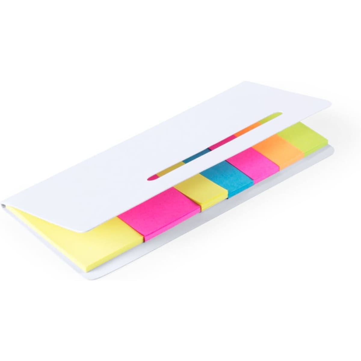 A notebook with a white cover containing yellow, pink, and blue sticky notes and flags. Features a logo on the cover.