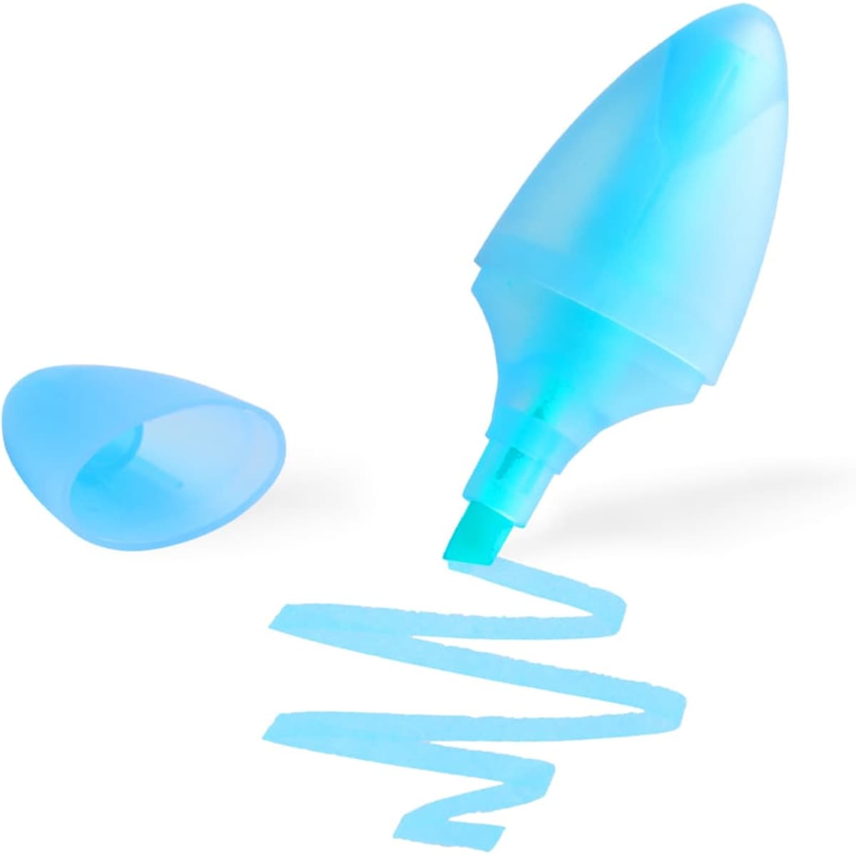 A blue highlighter with a cap, featuring a twist mechanism and a flowing ink trail.