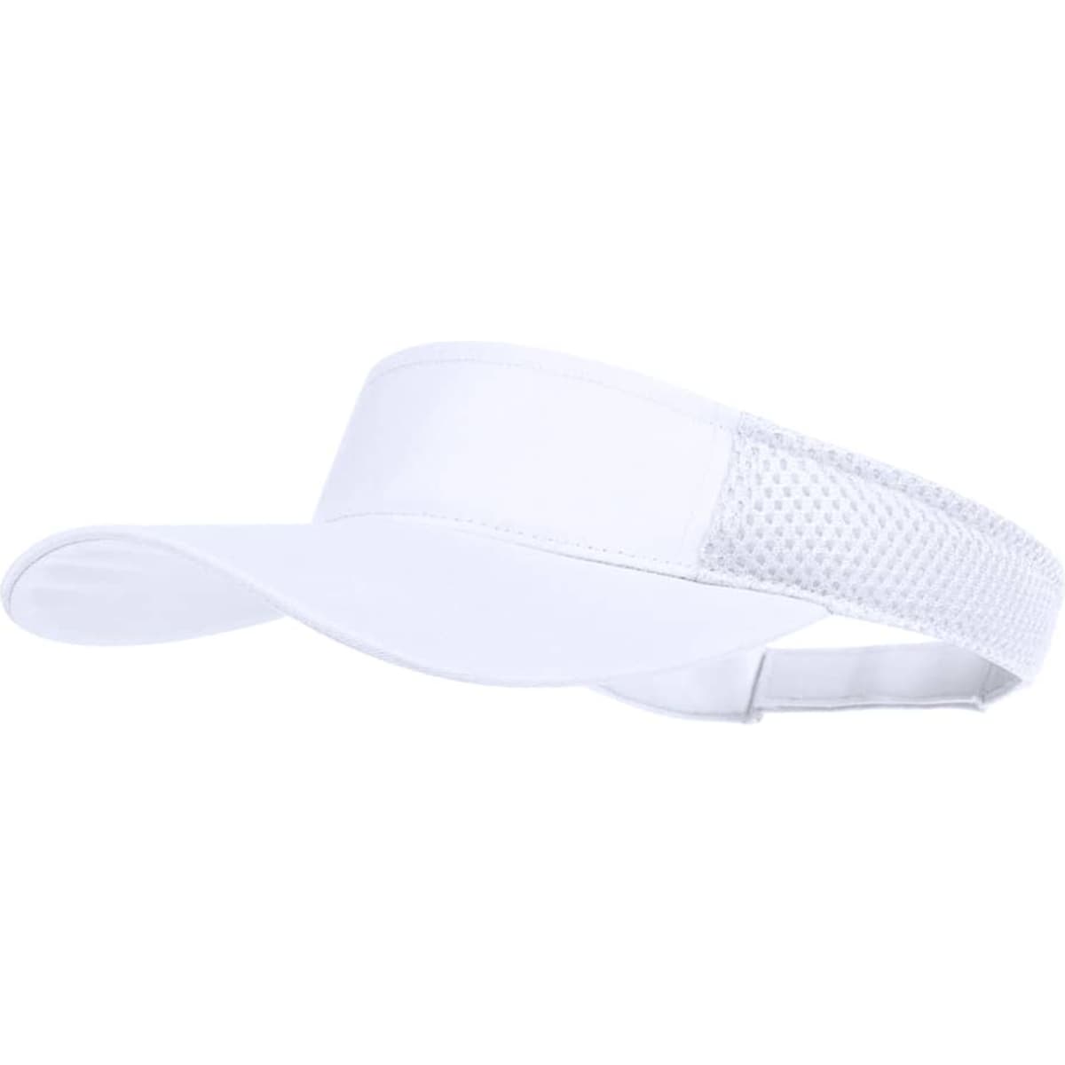 A white visors cap featuring a mesh panel and adjustable strap at the back.
