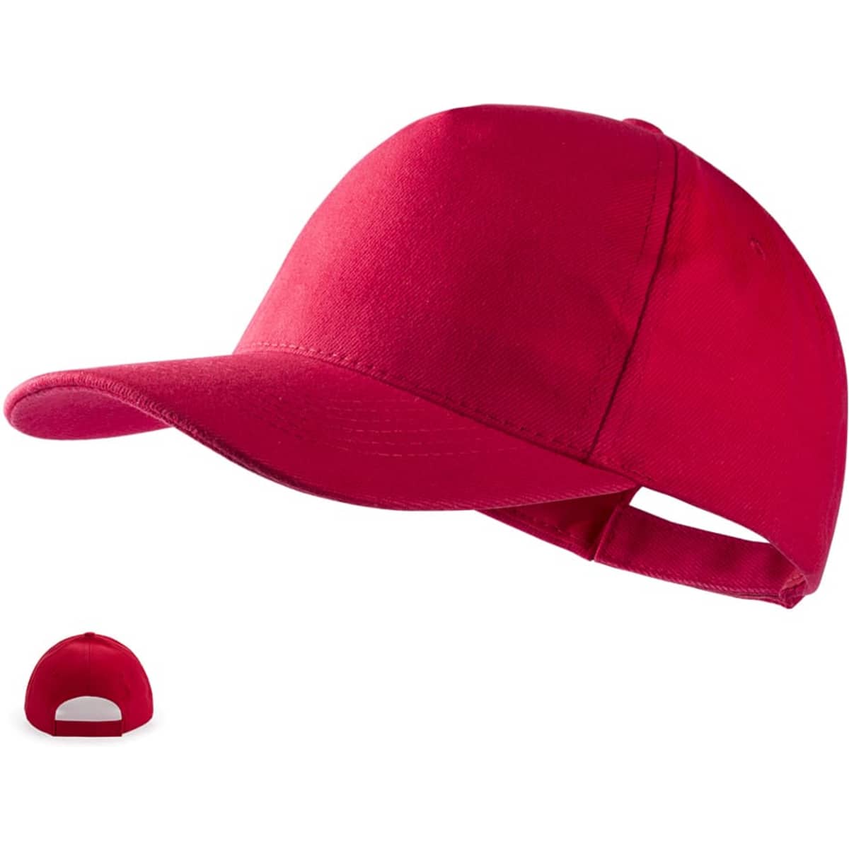 A red cap with a curved brim and an adjustable strap at the back, featuring a logo.