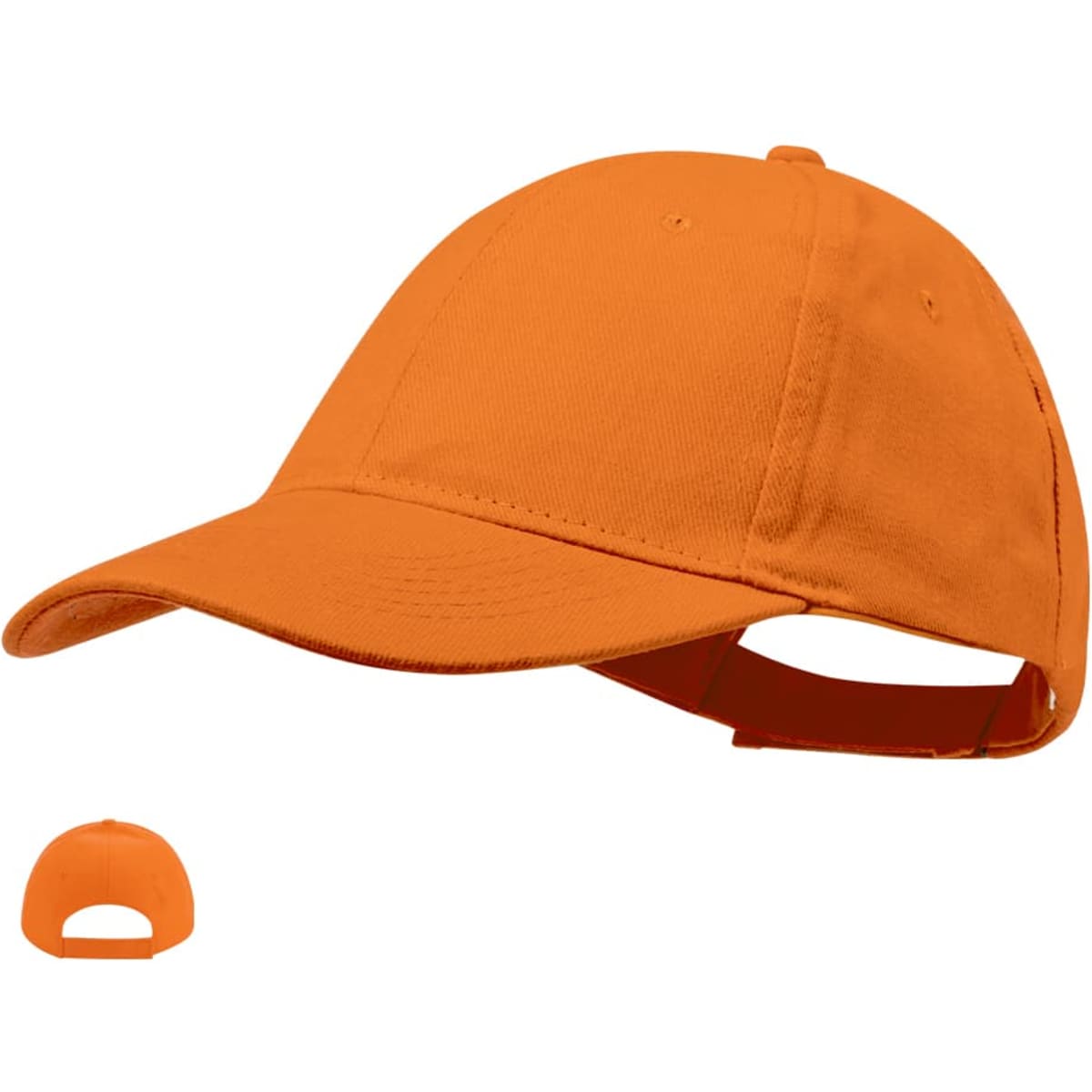 An orange cap with a curved brim and an adjustable strap at the back. It features a logo.