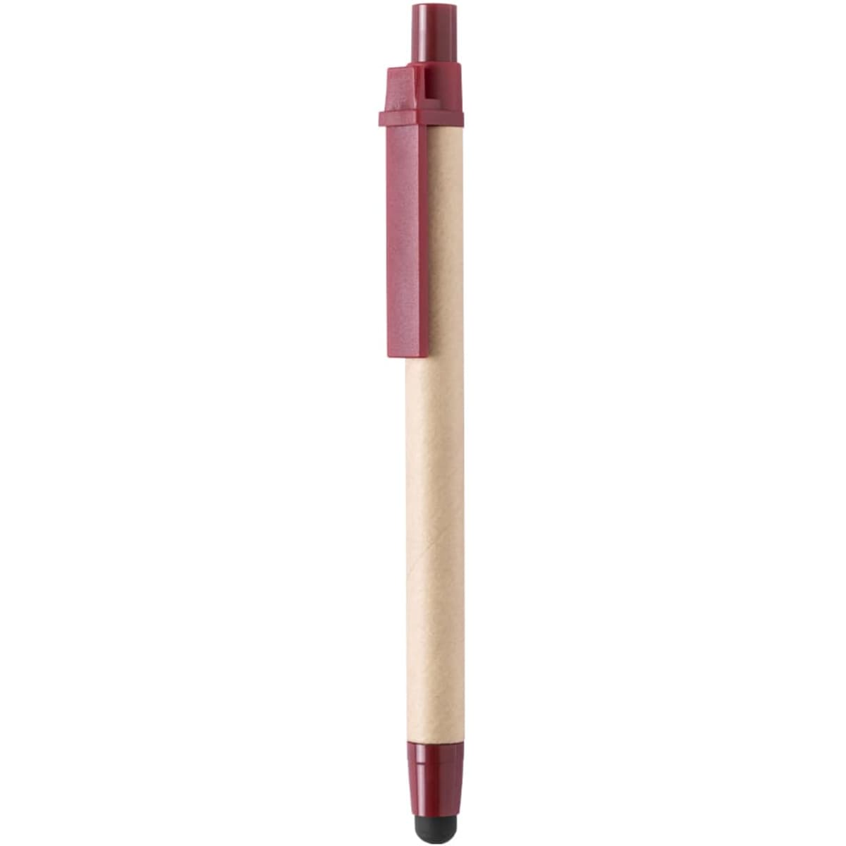 A ballpoint pen with a red top and a natural wooden body, featuring a stylus tip. It has a branding logo.