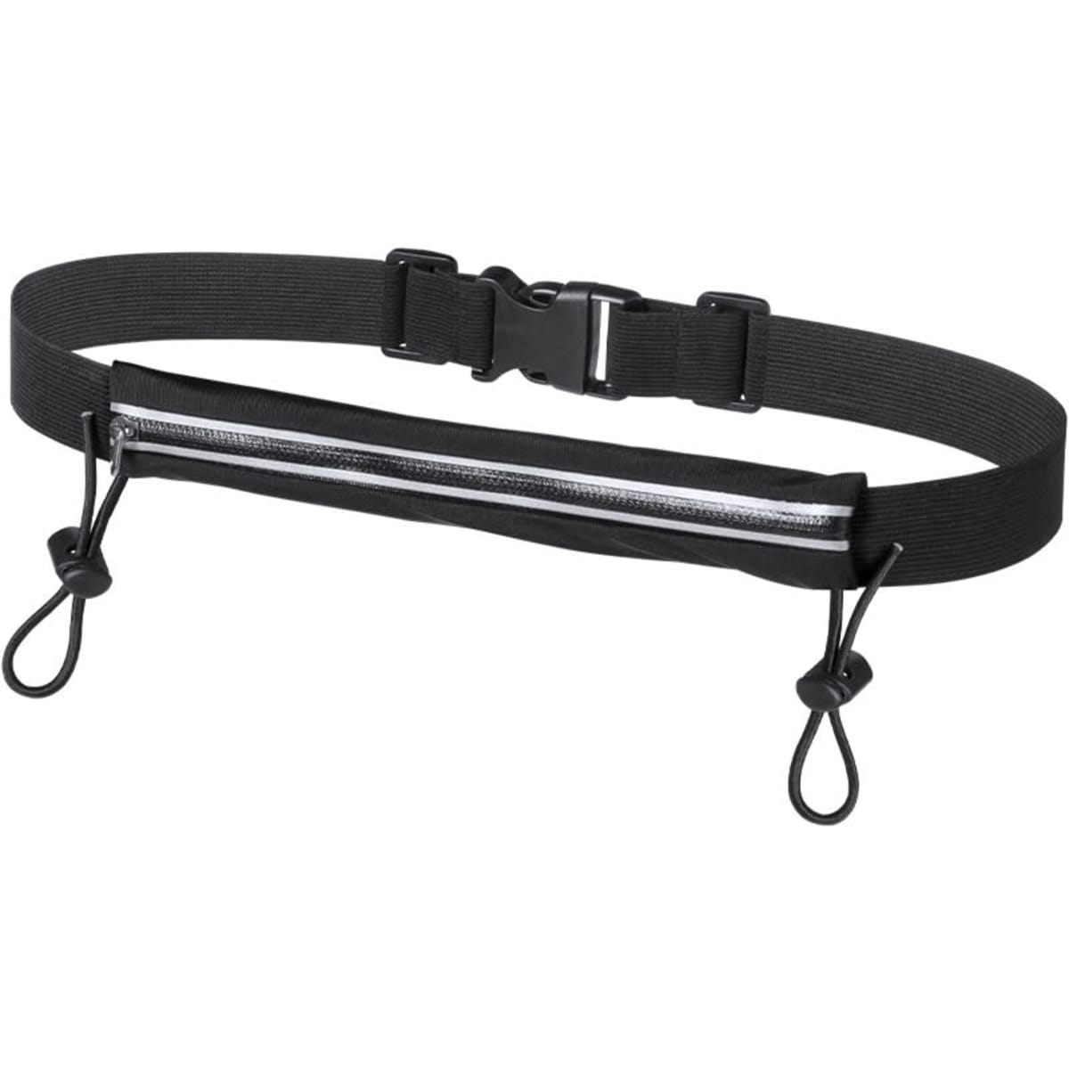 A black waist bag with a zippered compartment and adjustable straps, featuring elastic loops on each side.