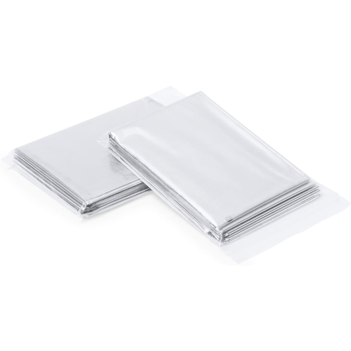 A set of silver space blankets packaged neatly, featuring a shiny, reflective surface. The pack includes multiple blankets.