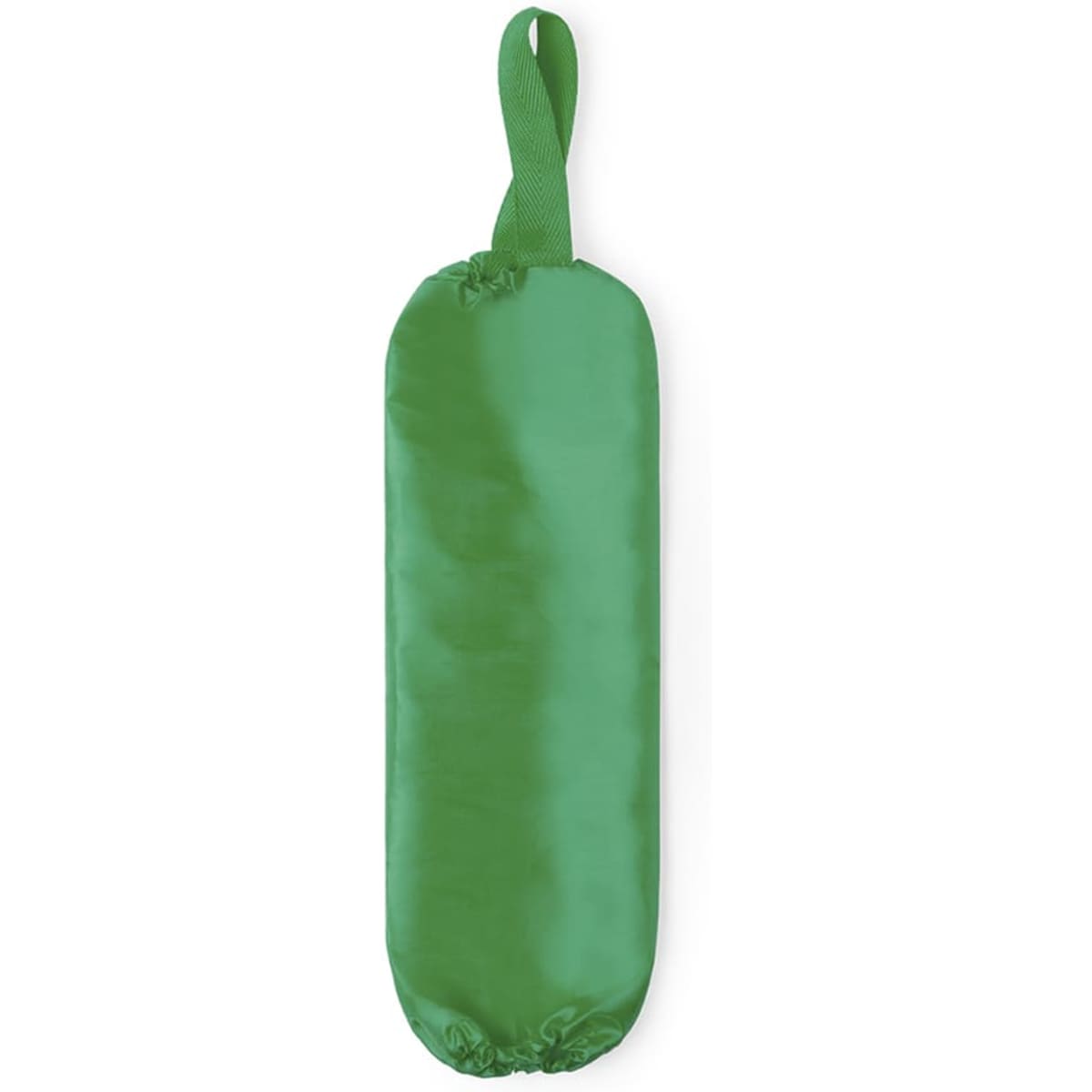 A green plastic bag holder with a loop handle, designed for storage and organisation. It features a logo.