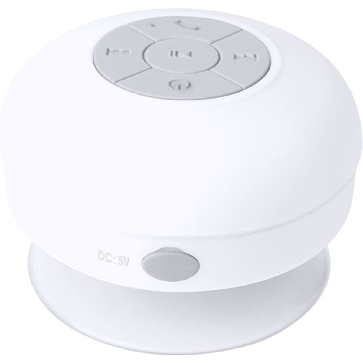 A round white Bluetooth speaker with grey buttons on top and a base for stability. It features a logo on the side.