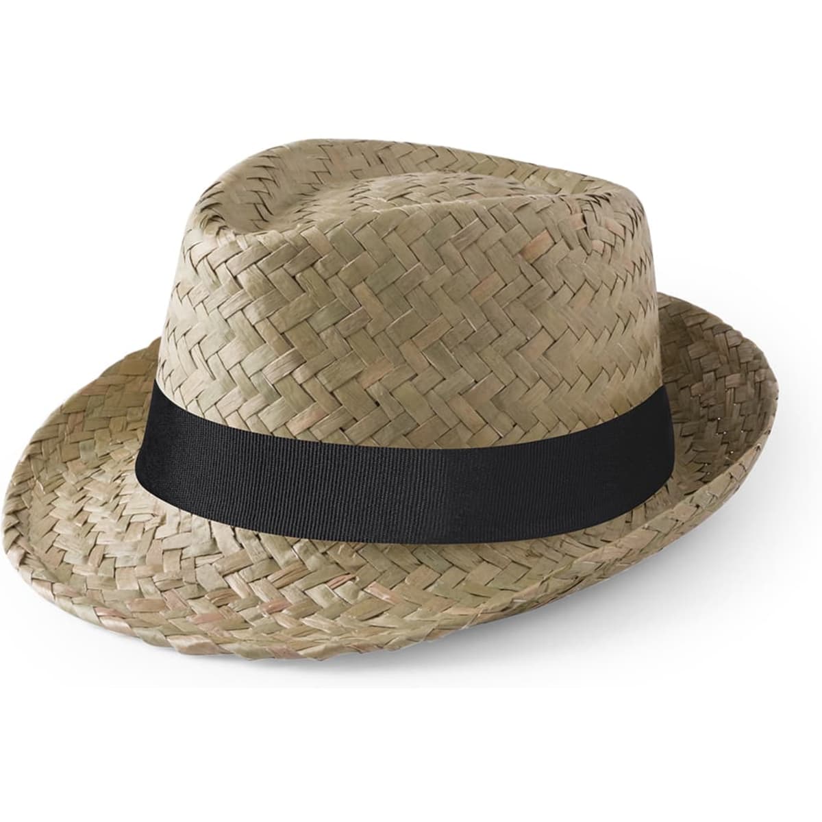 A straw fedora hat in a natural tan colour with a black ribbon band around the base.
