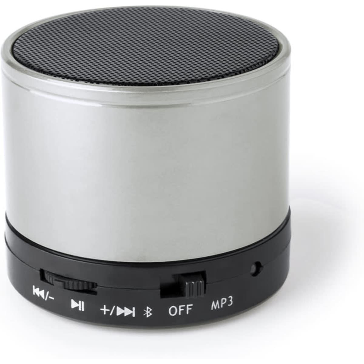 A compact silver Bluetooth speaker with a black base featuring control buttons and a textured speaker grille on top.
