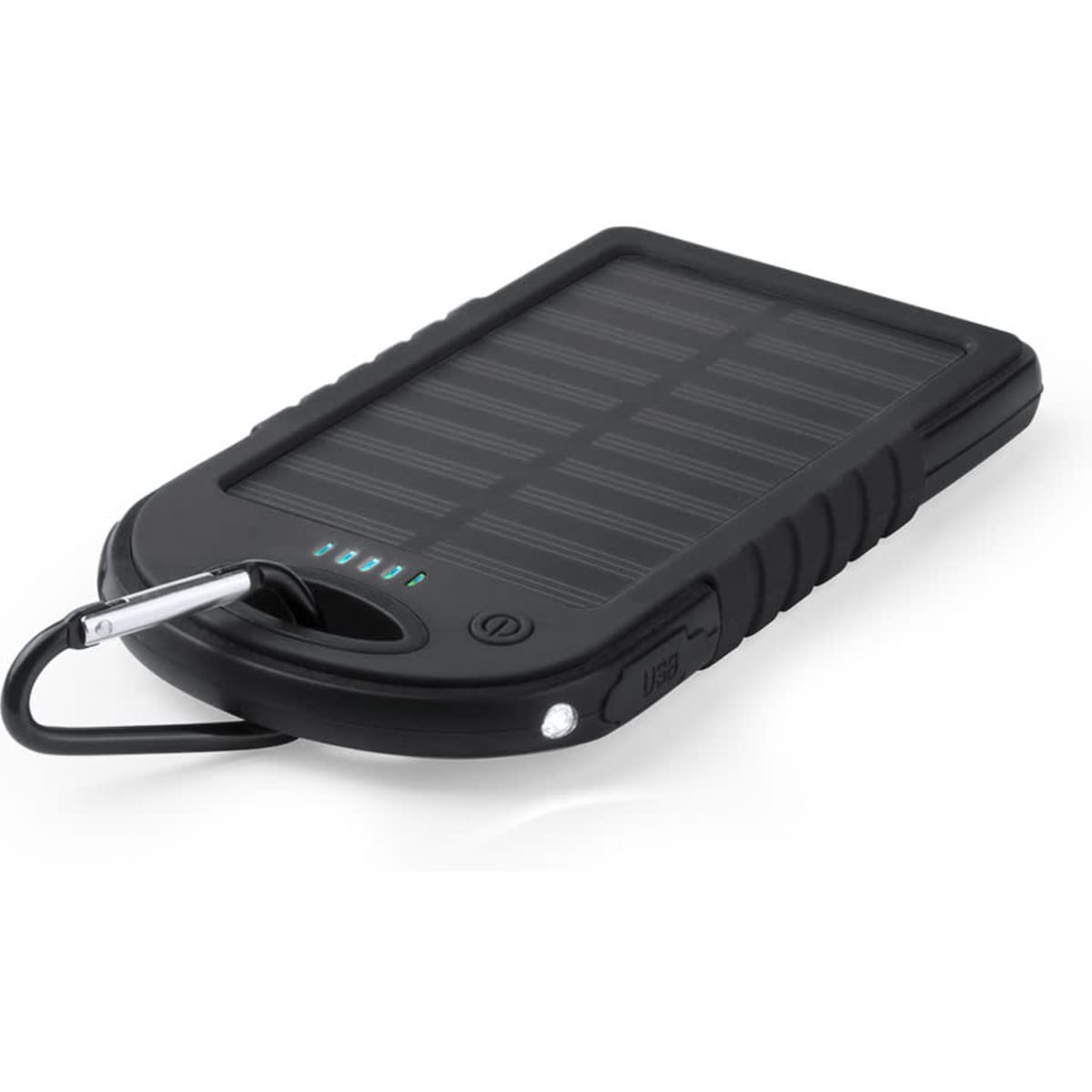 A black power bank with a textured surface, solar panels on top, and a carabiner attachment for convenience.