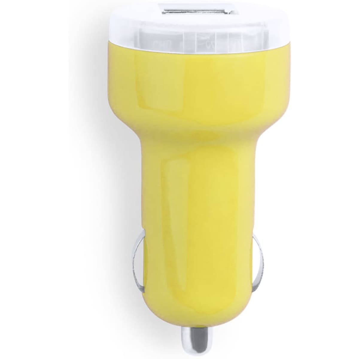A yellow USB car charger with a white top and a metallic connector. It features a branding logo.