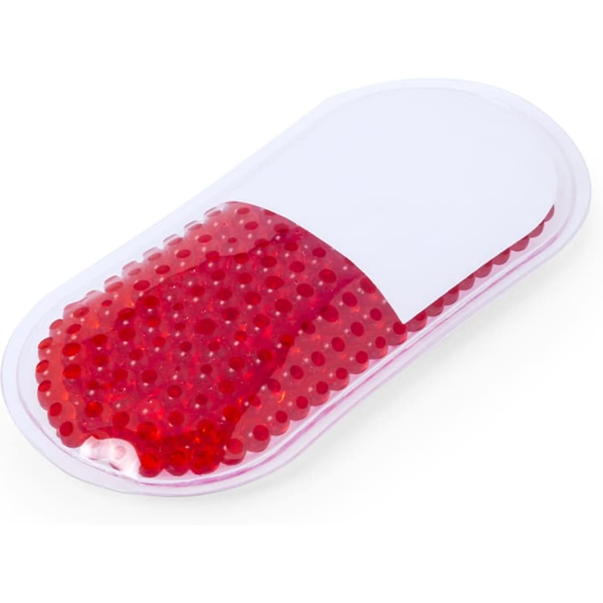 A red gel pack in a transparent case, featuring a smooth white cover. Ideal for health and personal use.