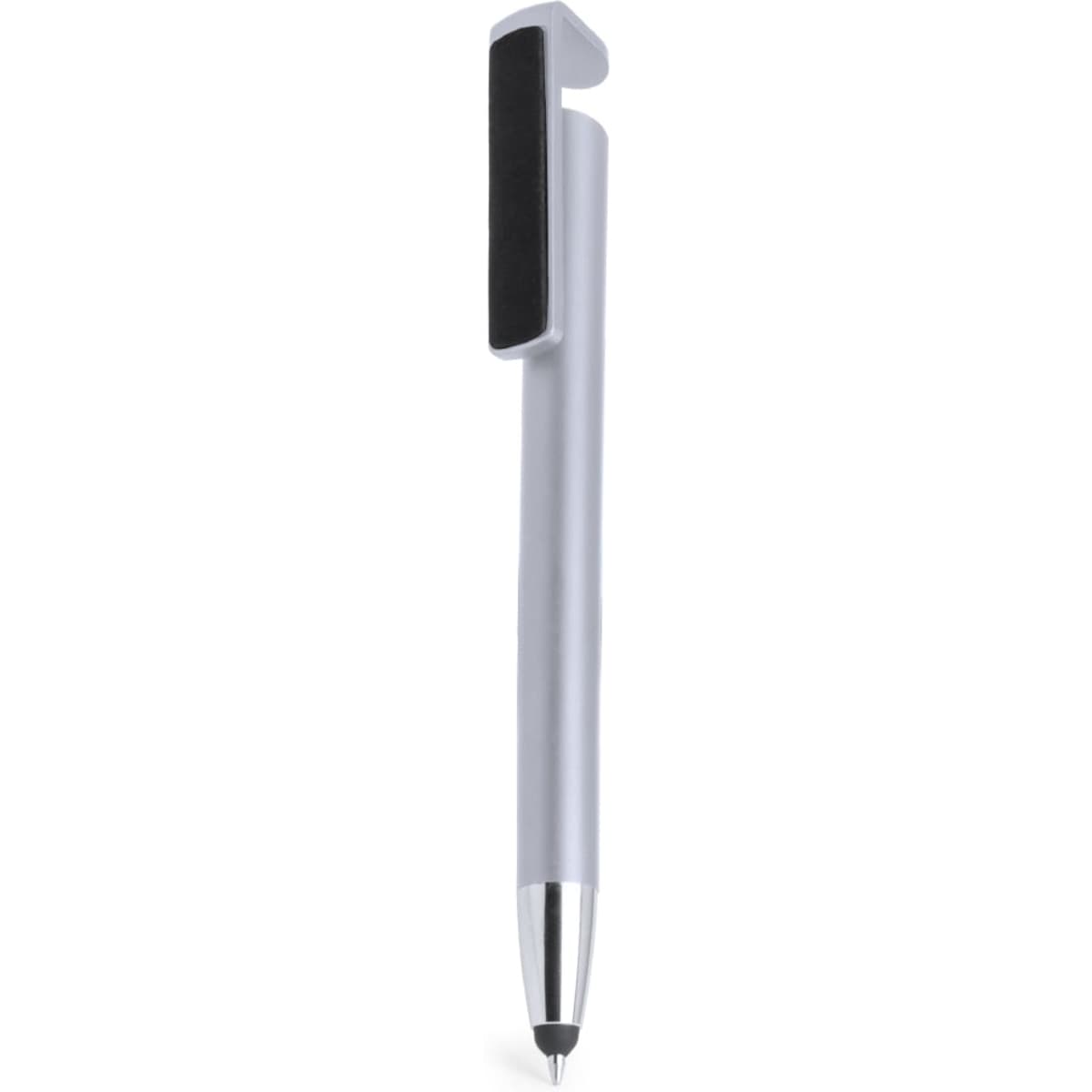 A silver ballpoint pen with a black clip and shiny chrome tip, featuring a branding logo.