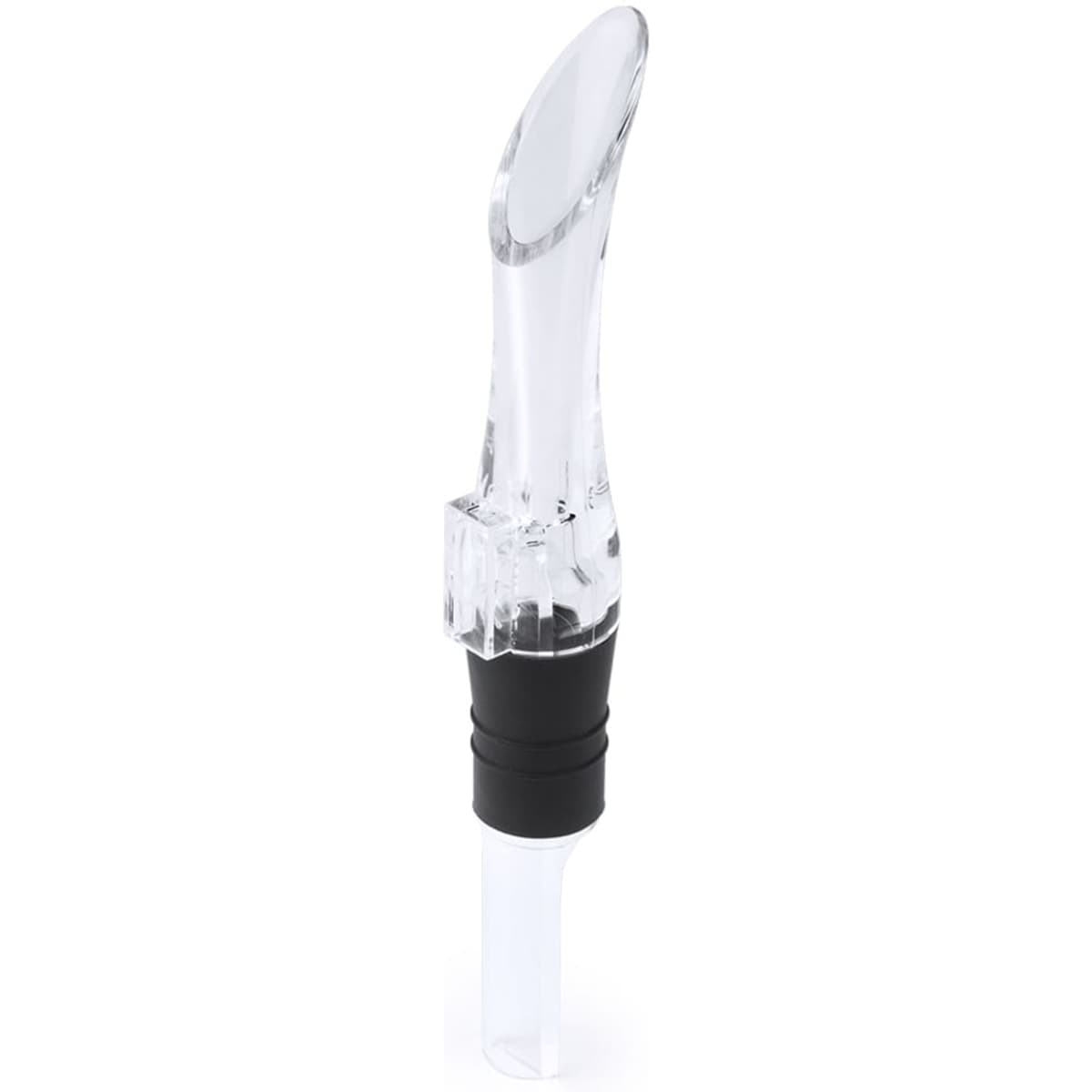 A drink bottle spout in clear and black, featuring a sleek design and a branding logo.