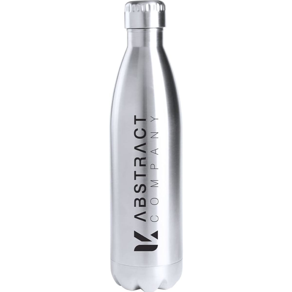 A drink bottle in a sleek silver finish, featuring a logo and designed for insulation.