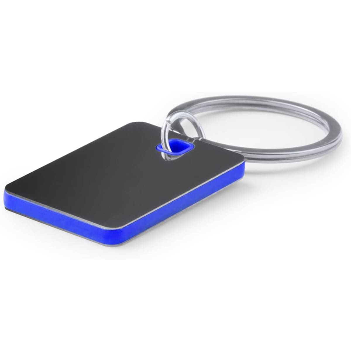 A rectangular keyring featuring a silver top and blue border, attached to a silver metal ring.