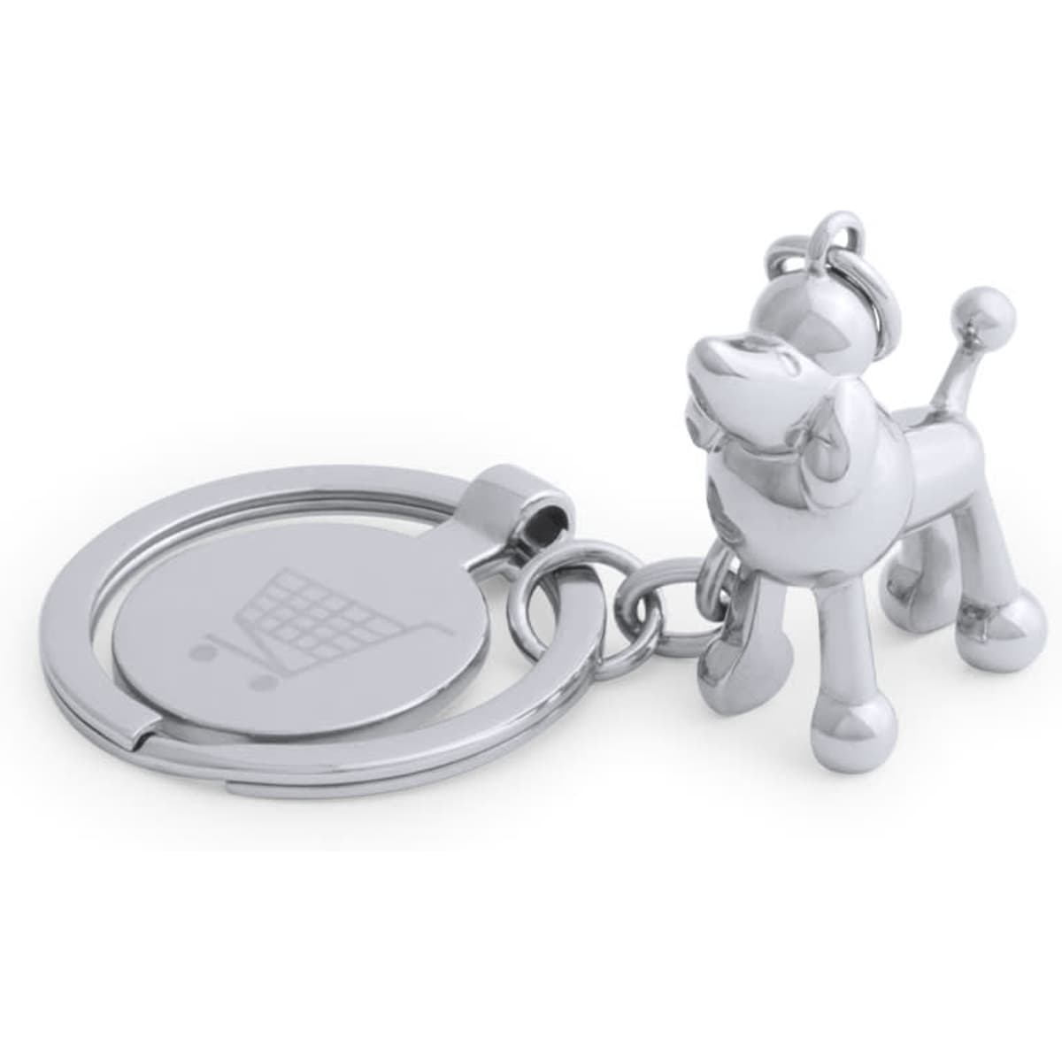 A silver keyring featuring a playful dog design with a circular keychain attachment.