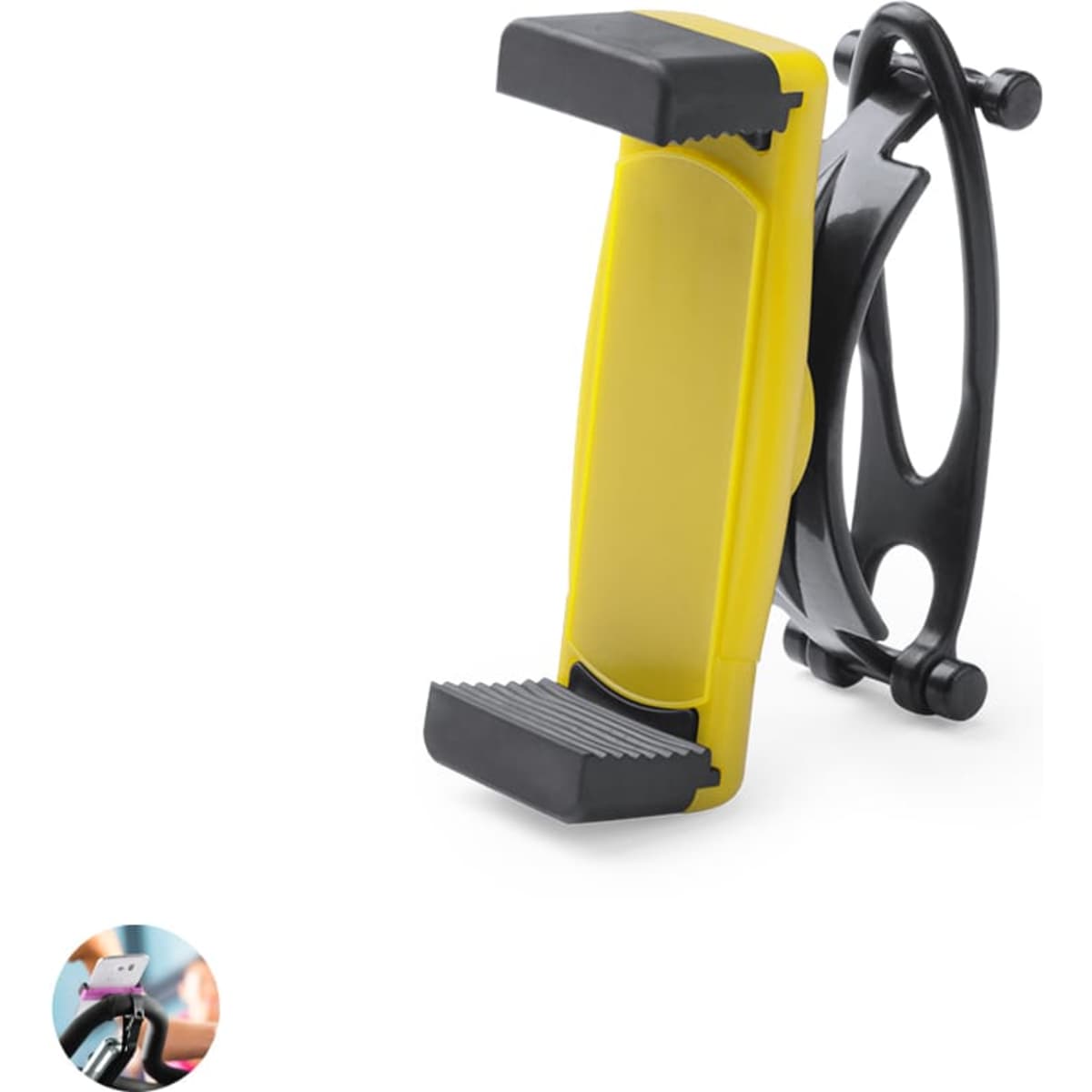 A car phone holder in black and yellow, designed to securely grip devices with textured hold sections.