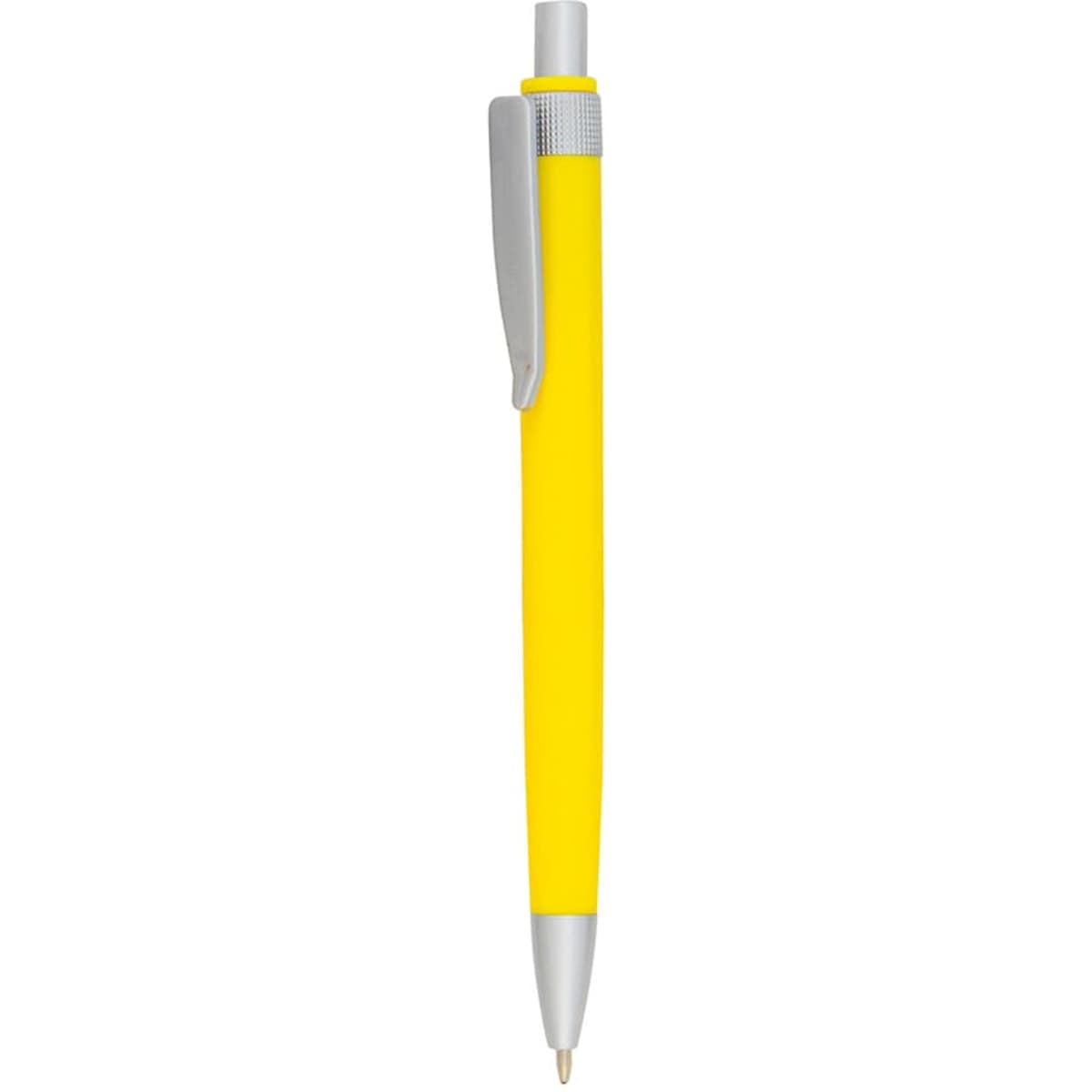 A yellow plastic pen with a silver clip and tip, featuring a branding logo.