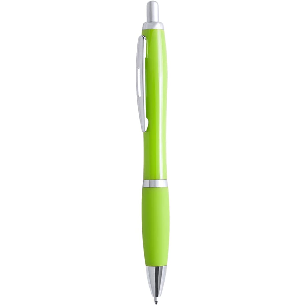 A green plastic pen with silver accents and a clip for easy attachment.