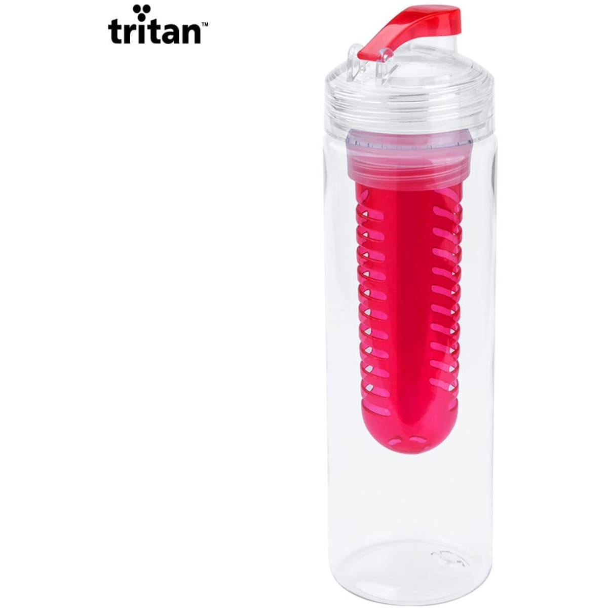 A drink bottle made of clear Tritan with a red infuser and a red flip-top lid. It features a logo on the side.