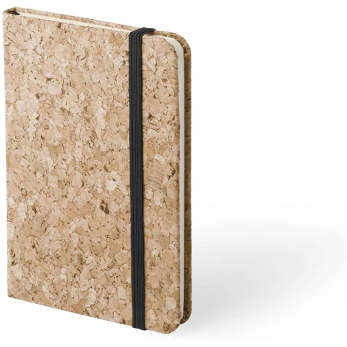 A cork notebook with a black elastic band, featuring a textured natural finish. Ideal for office and business use.