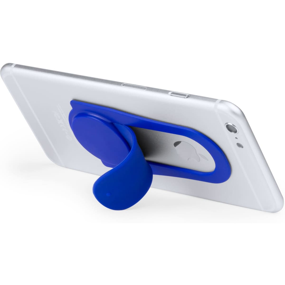 A blue phone stand is attached to a silver smartphone, providing support and stability. The stand features a curved design.