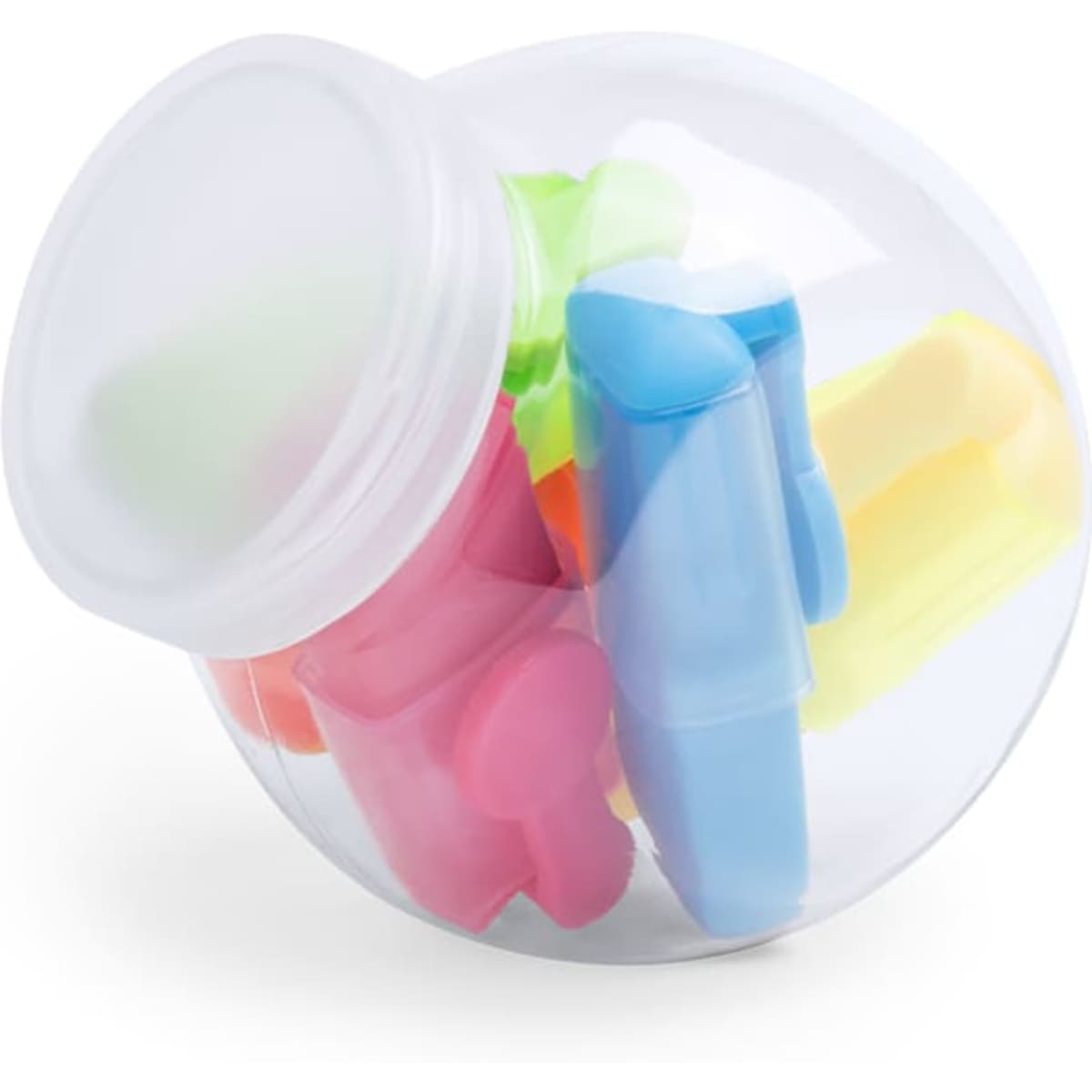 A transparent jar containing various highlighters in pink, yellow, green, and blue, with a lid on top.