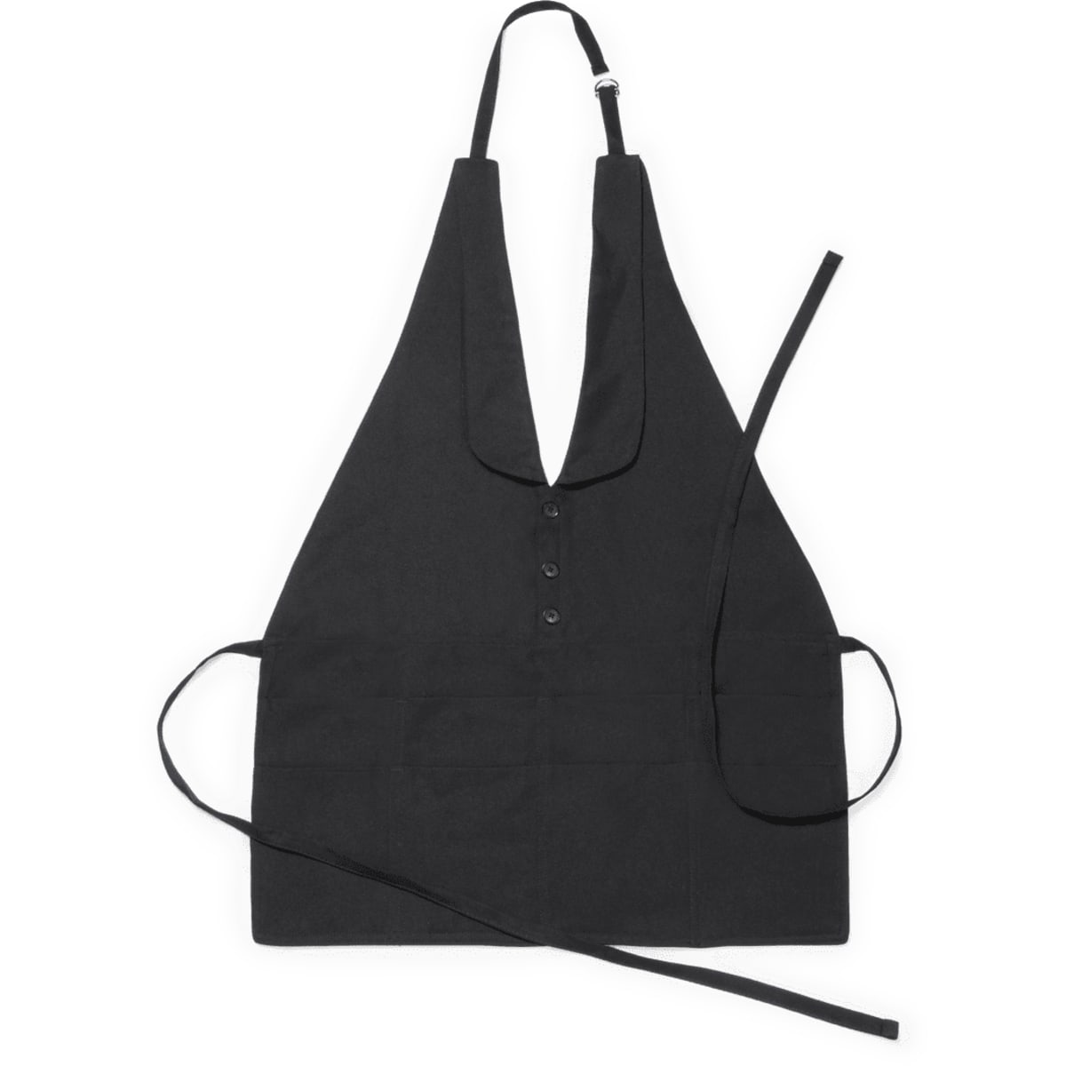 A black apron featuring a V-neck design, buttons, and front pockets, with ties at the waist. It has a logo.