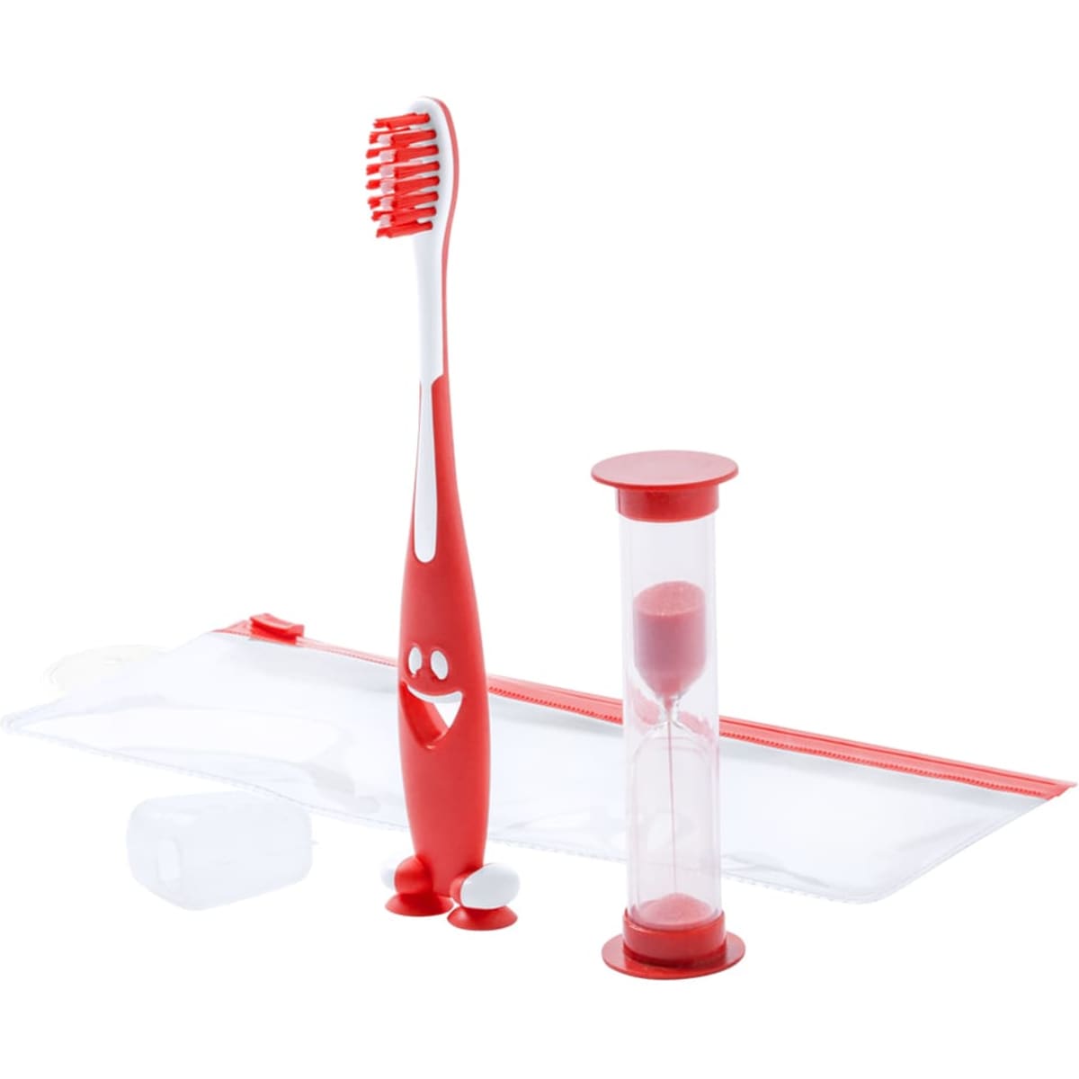 A red toothbrush with a smiling design, an hourglass timer, a travel pouch, and two dental tablets.
