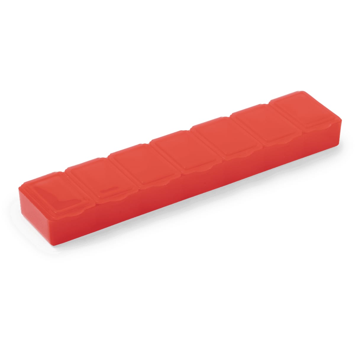 A red Lucam Pillbox featuring multiple compartments for organising pills. It has a sleek, rectangular design and a logo.