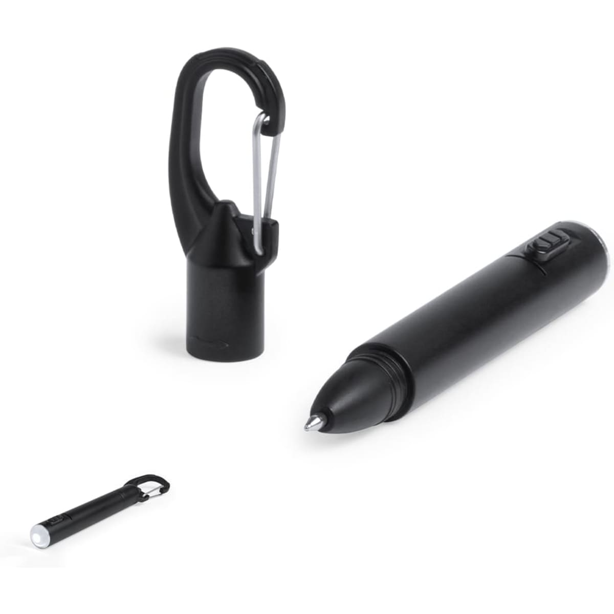 A black pen with a removable cap and a clip for attachment, featuring a branding logo.
