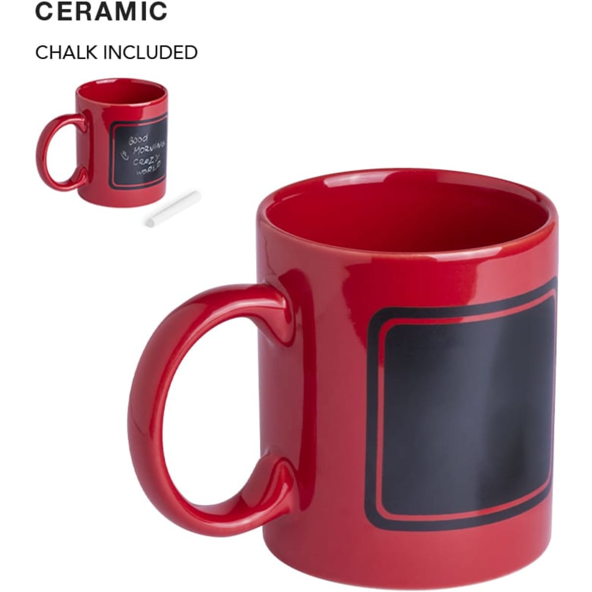 A red ceramic coffee mug with a chalkboard-like section and a piece of chalk included.