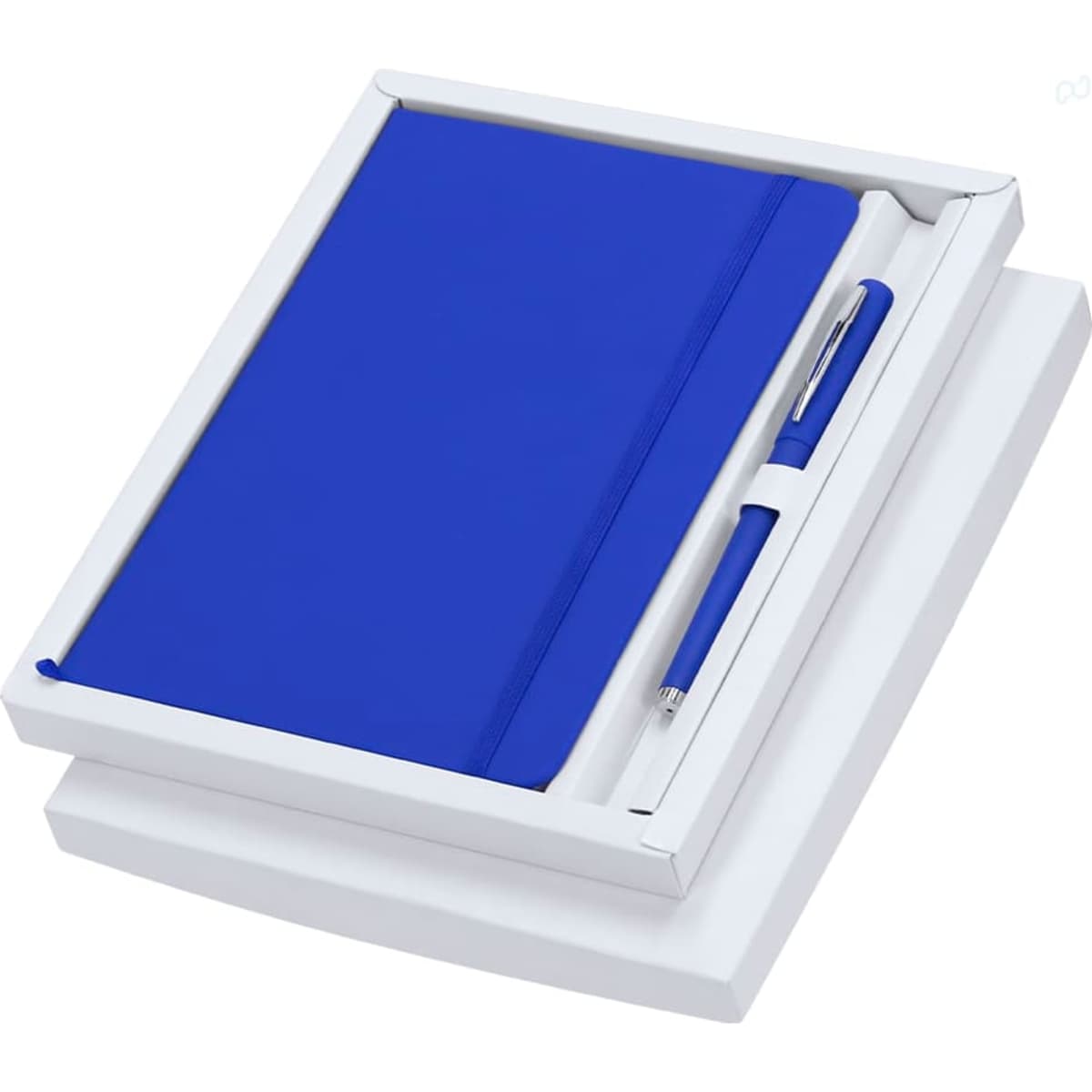 A blue notebook and pen set inside a white gift box, featuring a logo.