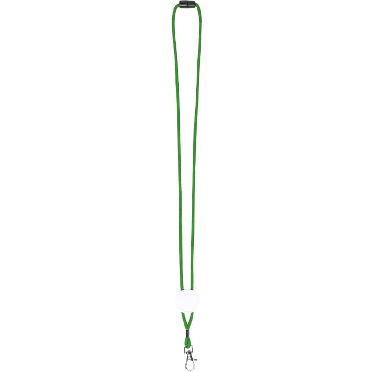 A green lanyard with a black clip and a detachable hook, featuring a circular white attachment point.