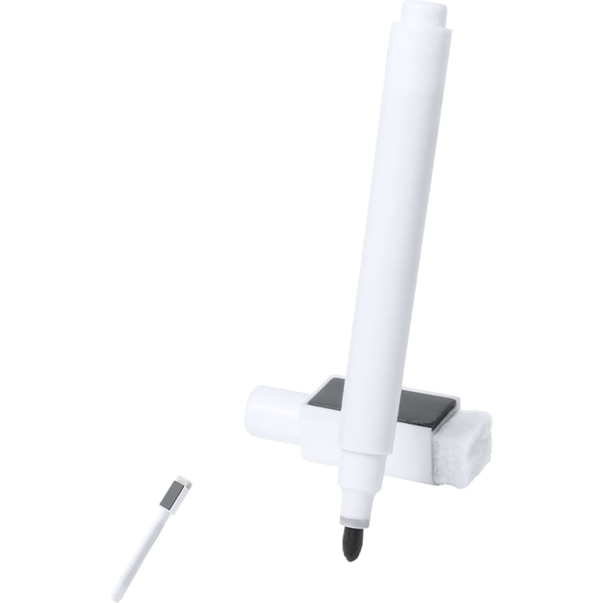 A white marker pen with a felt tip and a removable cap, resting on a black holder.