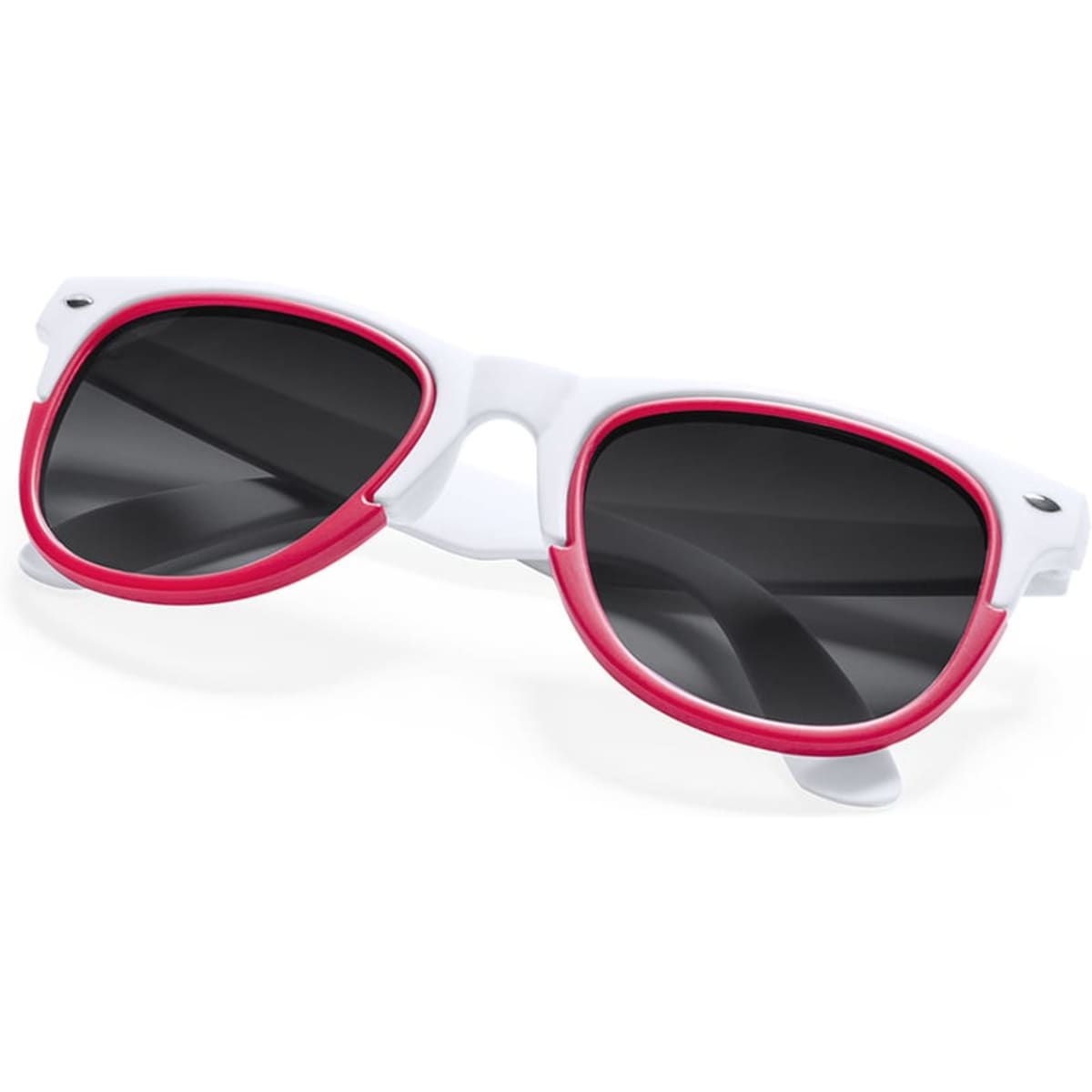 A pair of sunglasses with white frames and bright pink accents, featuring dark lenses.
