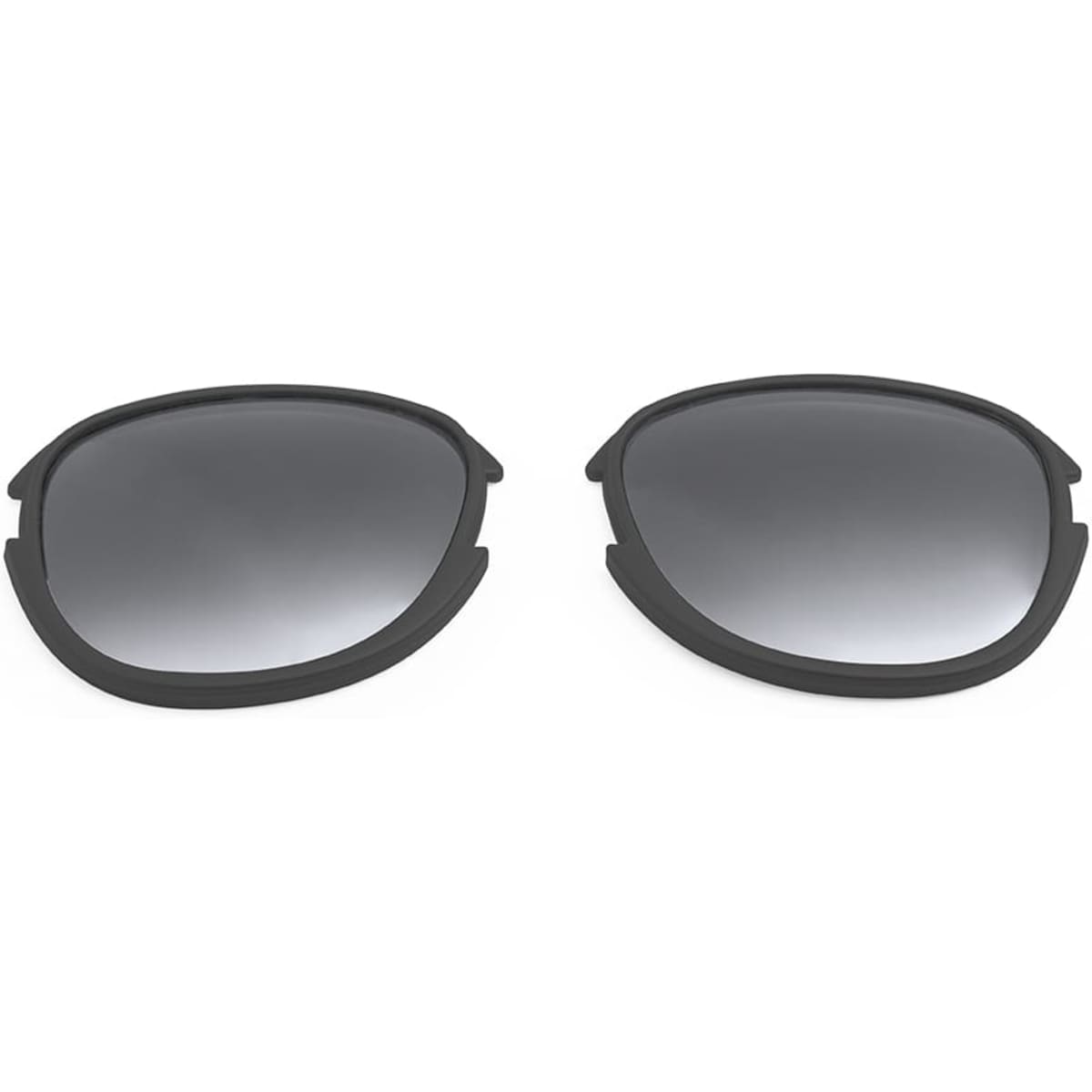 A pair of black sunglasses lenses with a gradient tint, featuring a logo on the frame.