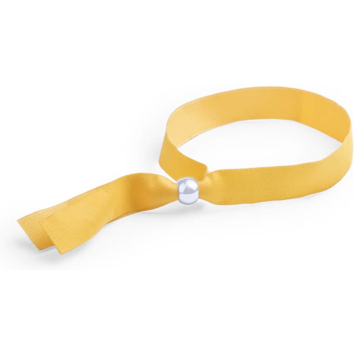 A yellow ribbon with a shiny silver fastener loops into a simple, elegant design.