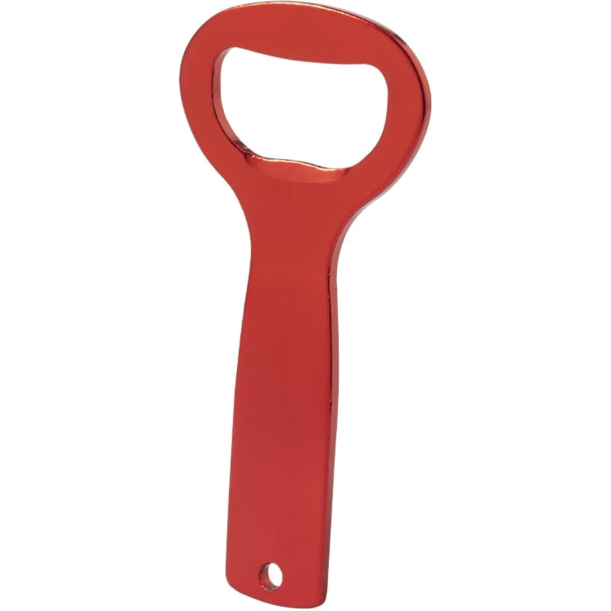 A red bottle opener with a simple design and a hole for attaching to keyrings. It has a logo on the handle.