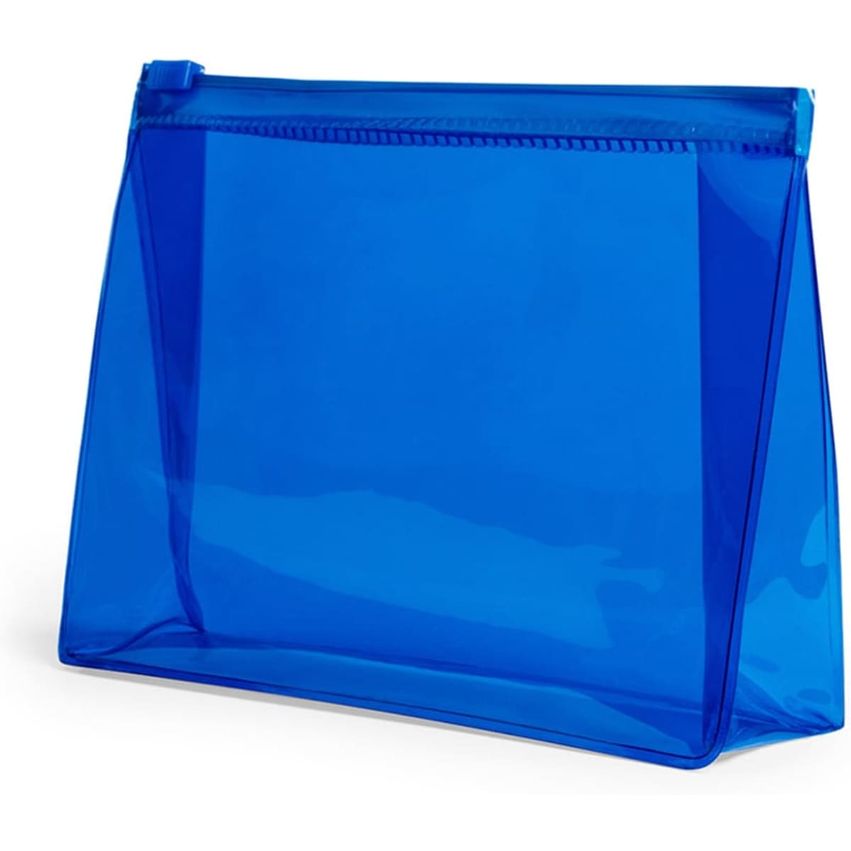 A transparent blue toiletry bag with a zip closure and a structured design. Features a simple logo.