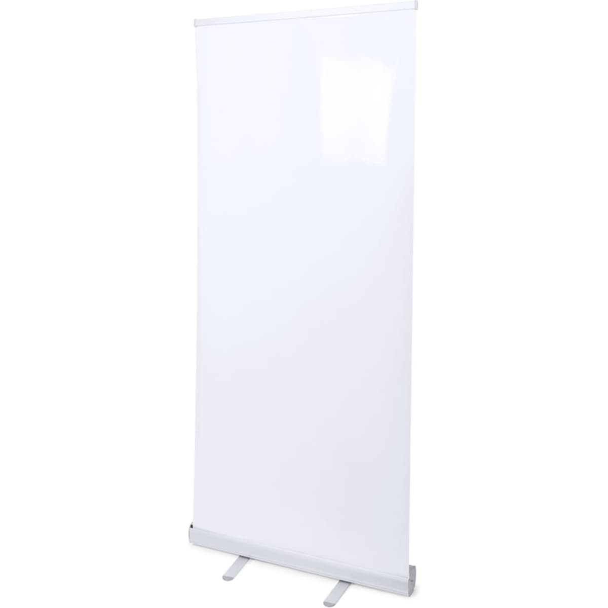 A tall, white exhibition banner with a silver base, suitable for events and promotions.